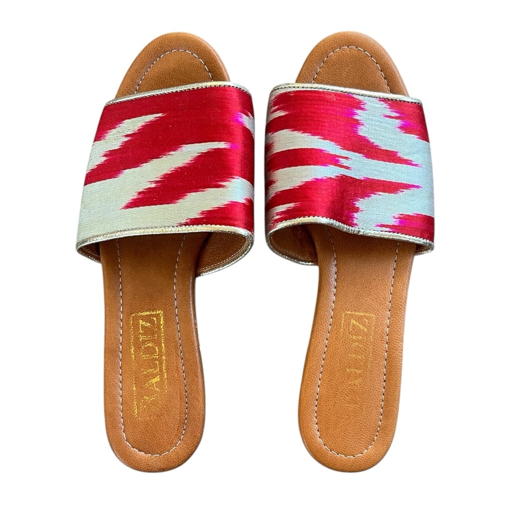 Baldiz Boho Magenta & Metallic Gold Ikat Silk Slide Sandals Size 37 (7 US) EUC